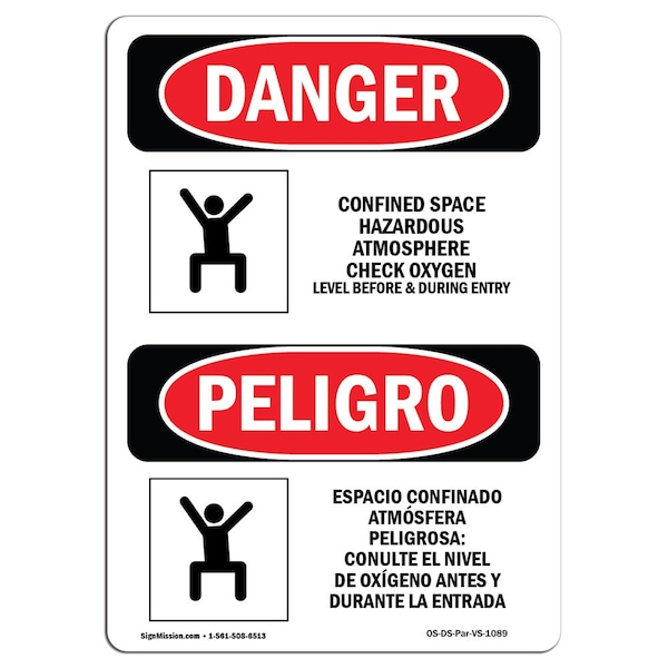 OSHA Sign, Confined Space Check Oxygen Bilingual, 18in X 12in Alum, 12" W, 18" H, Spanish